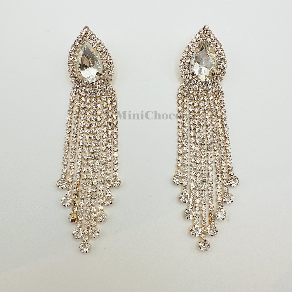 Gold Tone Rhinestone Pear Shape Button Fringe Drop Earrings